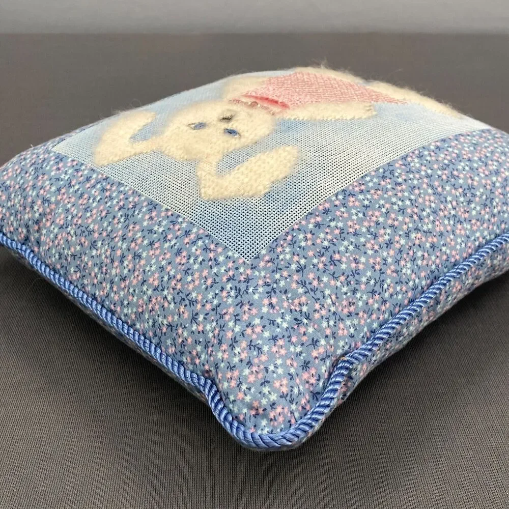 VTG Tooth Fairy Pillow Handmade Bunny Rabbit Needlepoint w Pattern Magazine OOAK